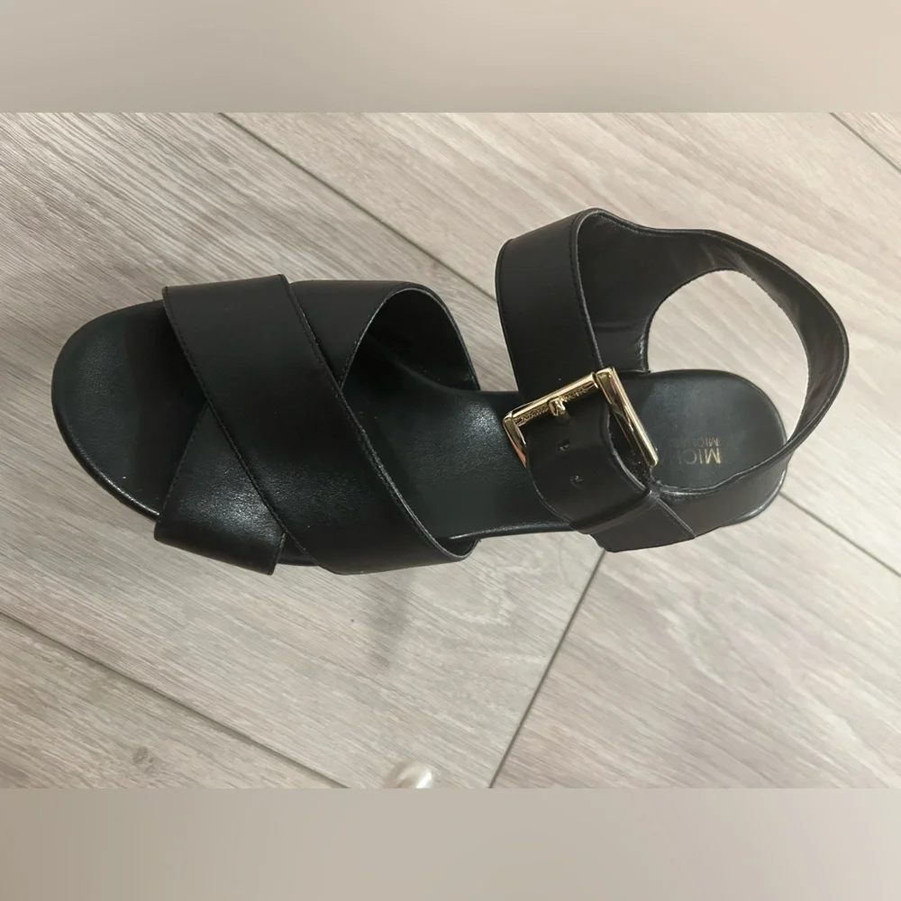 Michael Kors Black Leather Platform Wedge Sandals with Gold Buckle (Size 7)